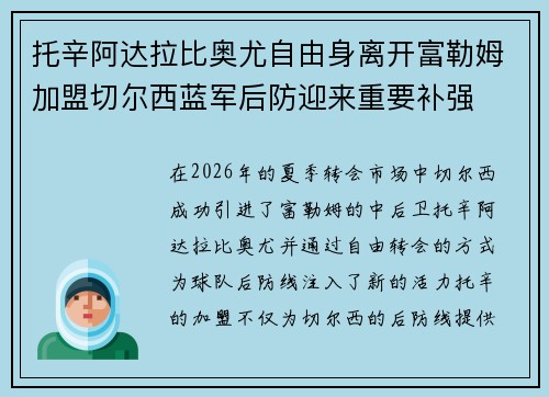 托辛阿达拉比奥尤自由身离开富勒姆加盟切尔西蓝军后防迎来重要补强 托辛阿达拉比奥尤自由身离开富勒姆加盟切尔西蓝军后防迎来重要补强